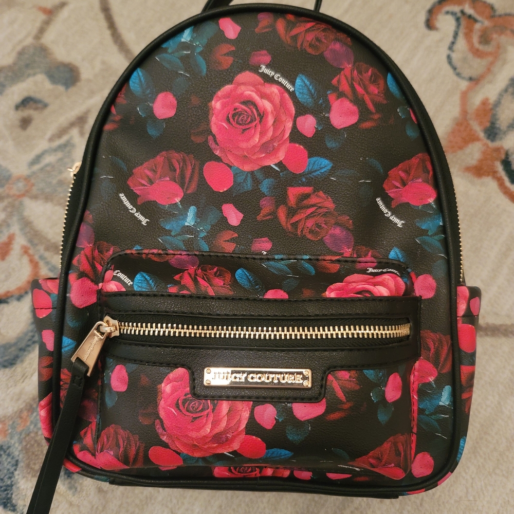 Juicy Couture Black and Red Backpack with Floral Design